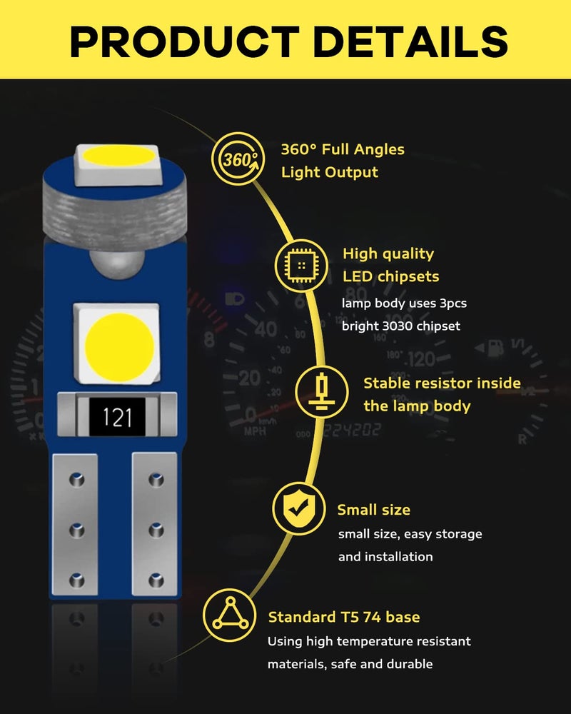 Alopee T5 LED Bulbs White 12V 2721 Replacement for Car Dash Instrument Panel Gauge Cluster Indicator Door Light Compatible with 73 74 37 2723, Pack of 20 - Image 4